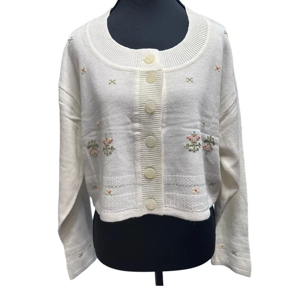 Vintage Inspired Women's‎ Sweater Button Cardigan Crop Cottage Floral Detail Sz